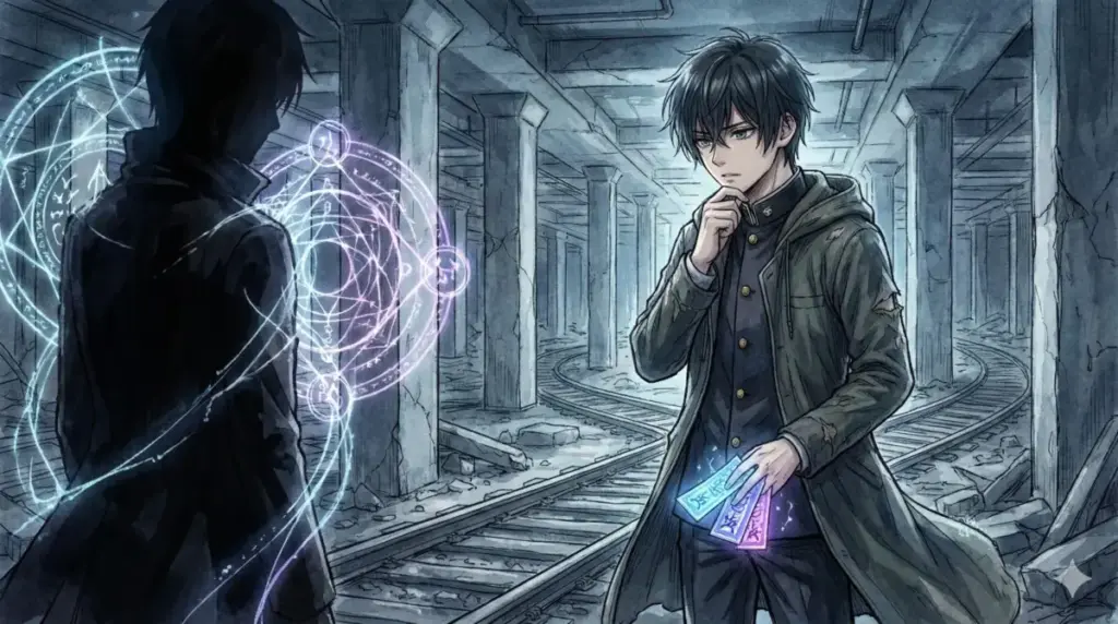 地下通路で光る術式を展開しブラフと知恵を駆使した高度な能力知略戦に挑む緊迫の場面