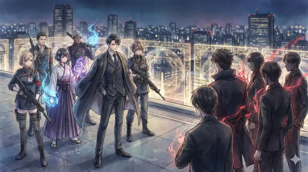 夜の都会の屋上で組織の因縁と正義が交錯するスタイリッシュな集団戦を描く重厚な群像劇