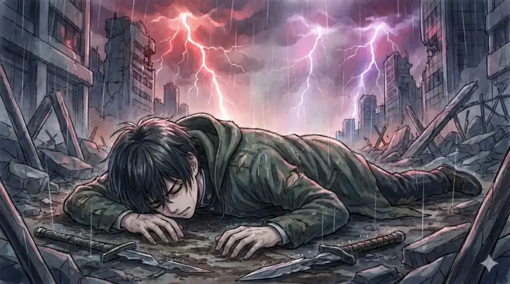激しい雷雨の中瓦礫に倒れ伏し容赦なき絶望と死に抗うチェンソーマン風の地獄のような光景