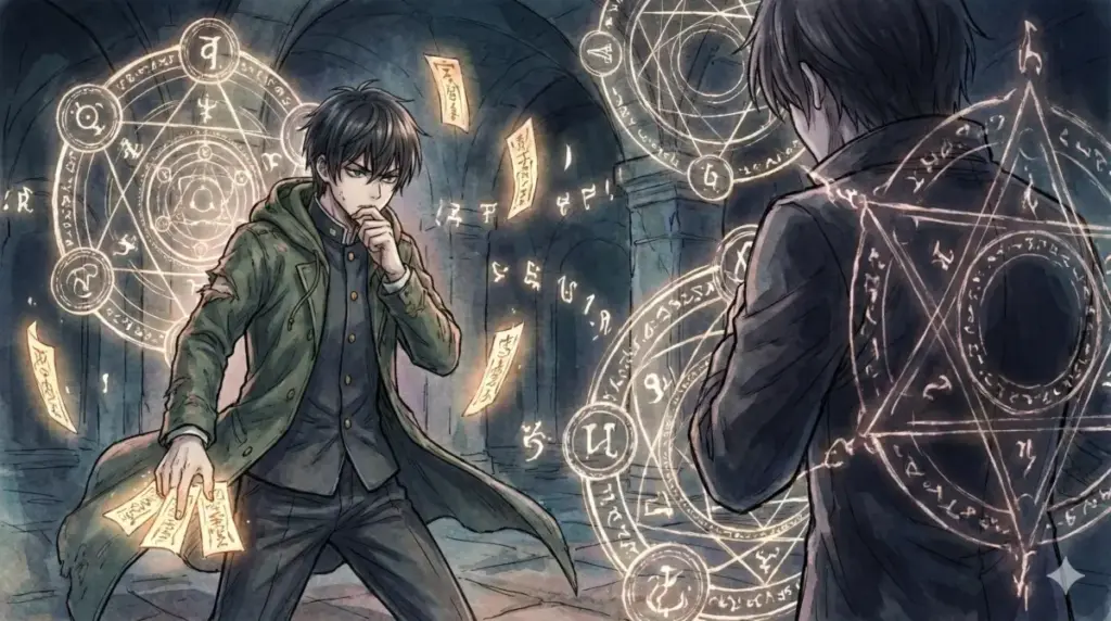 複雑な魔法陣の数式と制約を前に思考を巡らせるハンターハンター風のロジカルな知略バトル