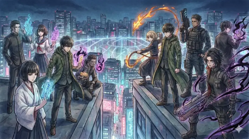 摩天楼を背景に個性的な異能力者たちが各々の武器を構え対峙する組織対組織の抗争シーン