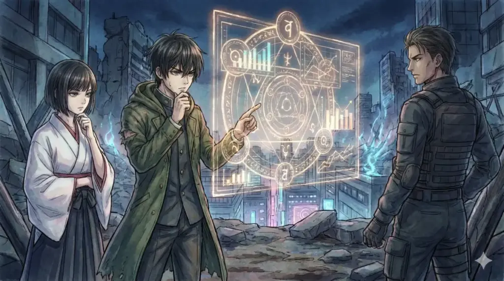 ホログラムの分析チャートを囲み戦術を練る地獄楽やワールドトリガー風の能力成分診断図