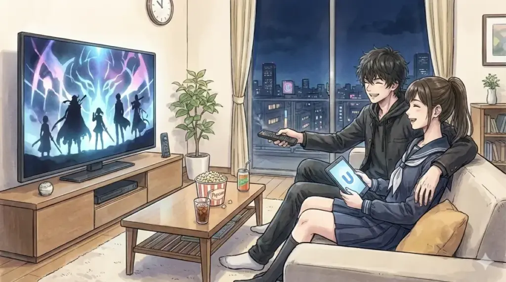 U-NEXTを愛用しリビングで類似アニメを視聴しながら漫画をお得に楽しむ幸せな日常風景