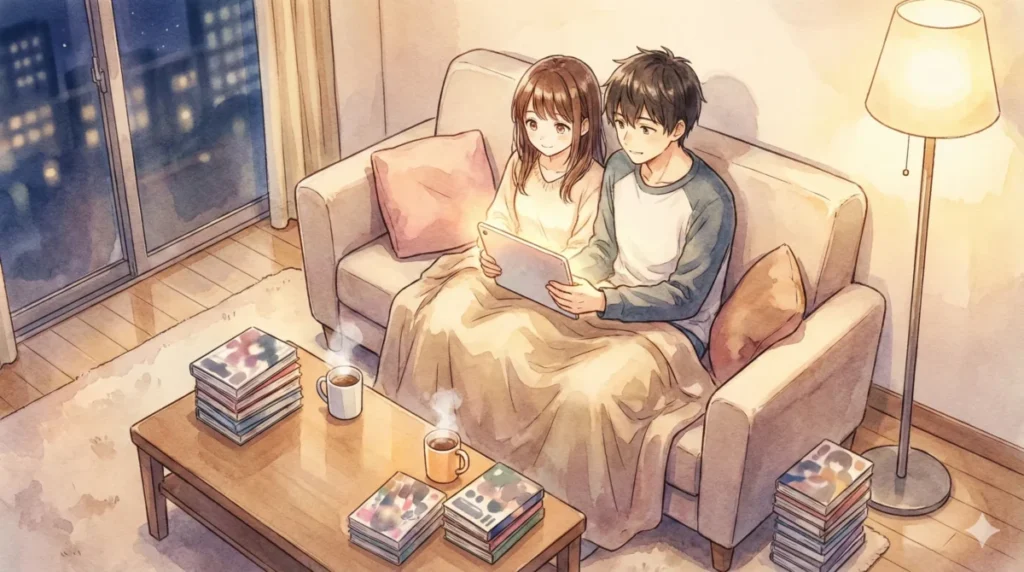 動画配信サービスでお得にアニメや漫画を楽しむためのポイント還元情報を読むカップルの様子