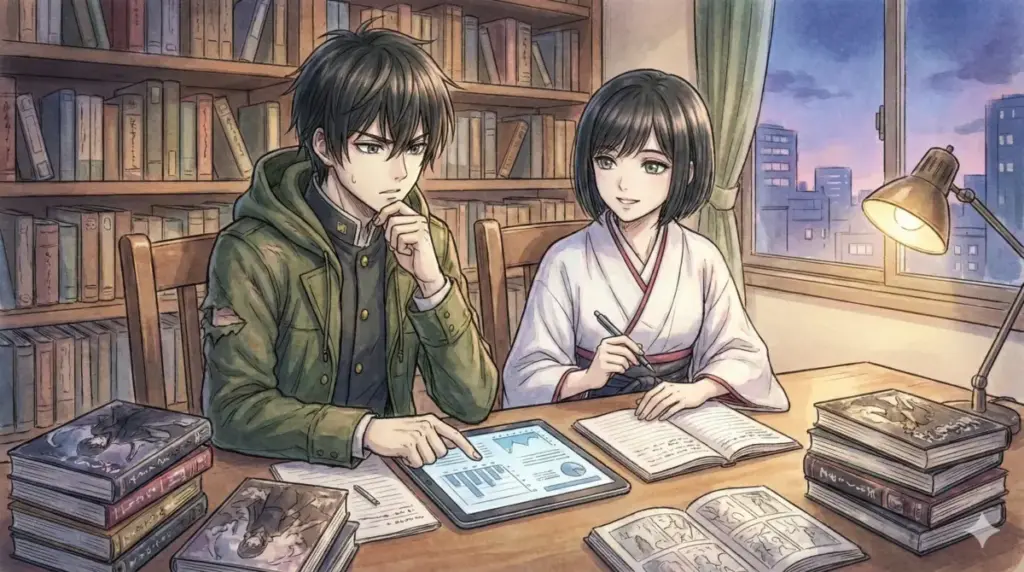 図書館でタブレットを使い東京喰種などの完結作品や配信状況を調べるFAQ解説イラスト