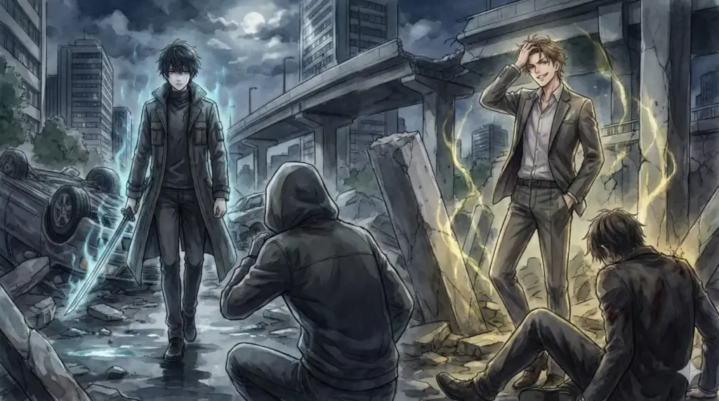 髪をかき上げる禪院直哉と不気味な呪力を纏い虎杖を追い詰める乙骨憂太を描く第48話執行