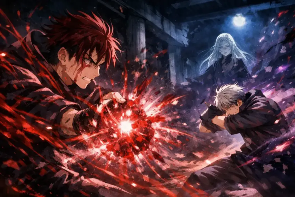 脹相の技超新星と乙骨の奇襲により直哉と裏取引が行われる第49話前半の激闘シーン