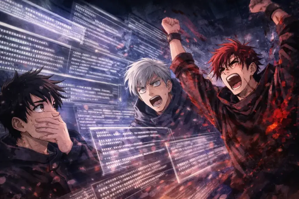 画面を埋め尽くす死滅回游のルールと出生の秘密に驚愕する虎杖たちを描く第49話後半