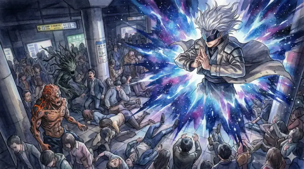 渋谷事変の地下鉄ホームで一般人を守るため0.2秒の領域展開を敢行する五条悟の神業