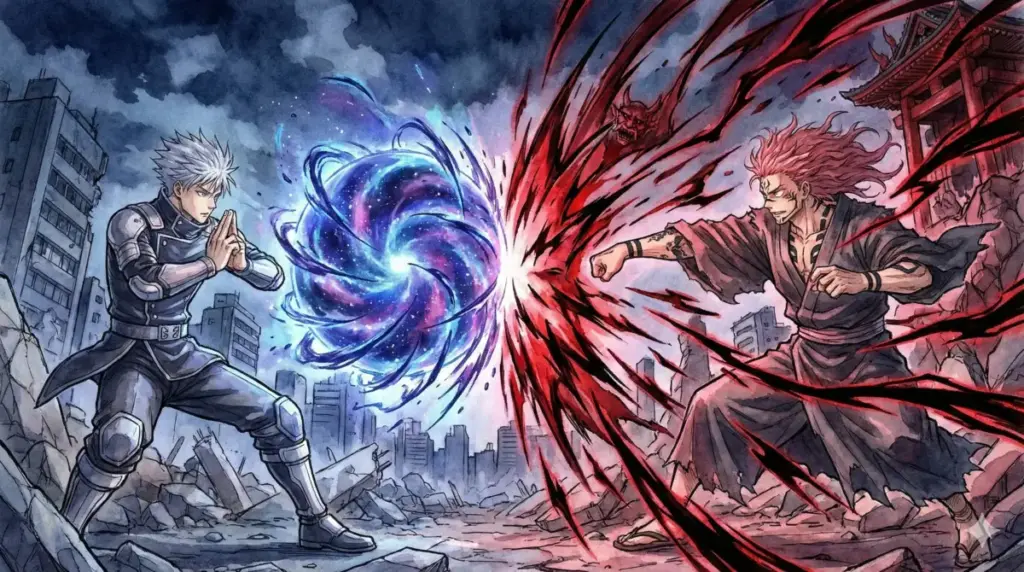 新宿決戦で宿儺の伏魔御廚子と激突し領域の押し合いを見せる五条悟の無量空処と蒼い火花