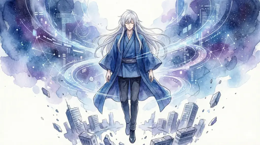 六眼で見える孤独な世界と重なる無量空処の深淵を背に宙へ浮遊する五条悟の幻想的な後ろ姿