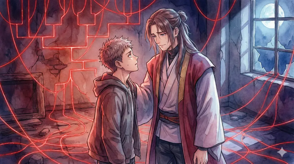 赤い家系図の糸が張り巡らされた部屋で虎杖悠仁と涙を流す脹相が向き合うアイキャッチ