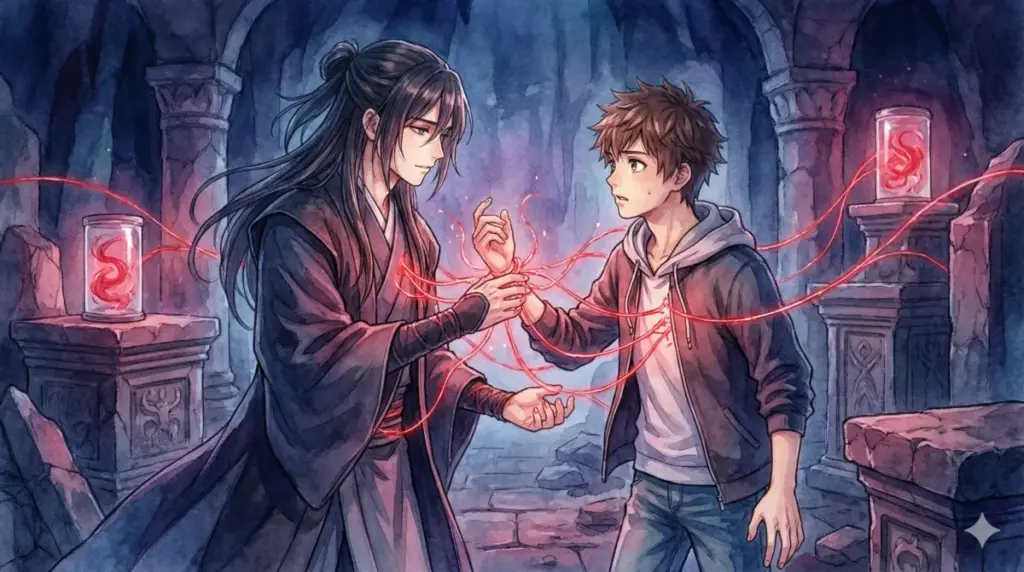 薄暗い地下で羂索の血の因縁を示す赤い糸に導かれ困惑する虎杖悠仁と兄を自覚する脹相