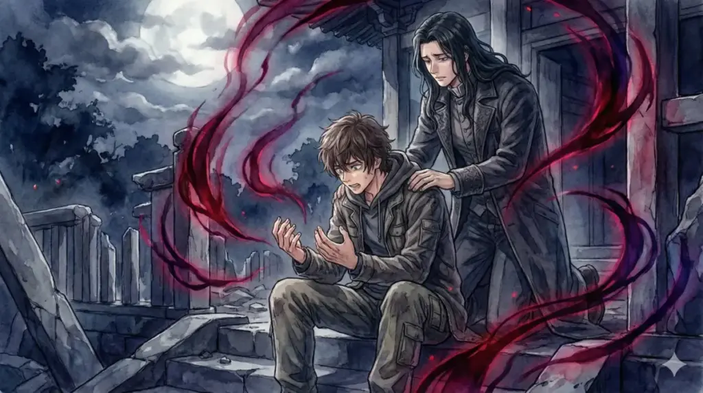 月夜の廃寺で赤血操術を纏い苦悩する虎杖悠仁の肩に優しく手を置き導こうとする脹相