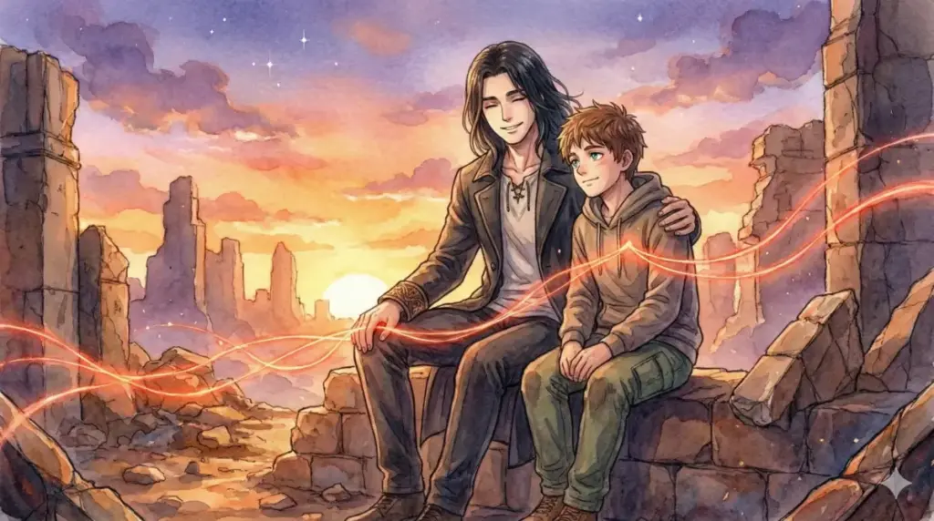 夕暮れの瓦礫に座り血の絆を感じながら穏やかな時間を共有する虎杖悠仁と脹相の兄弟