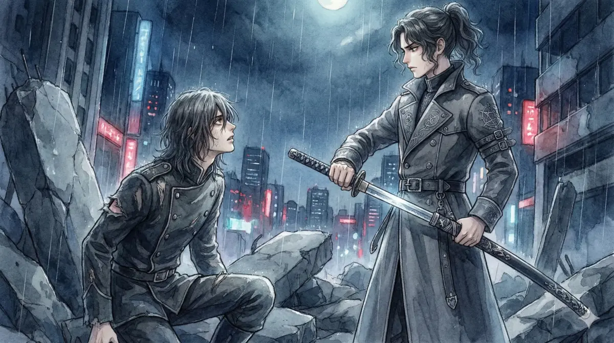 乙骨憂太の死刑執行に直面する虎杖悠仁と冷徹な表情で刀を構える乙骨を描いた緊迫のシーン