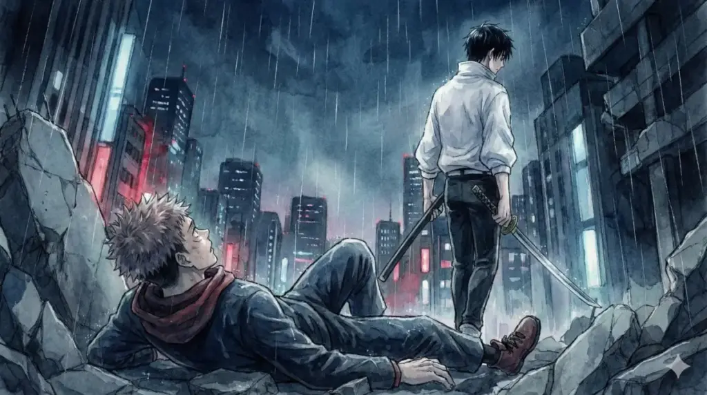 雨の降る夜の街で倒れる虎杖悠仁と死刑執行人として背後に立つ乙骨憂太の衝撃的な対峙