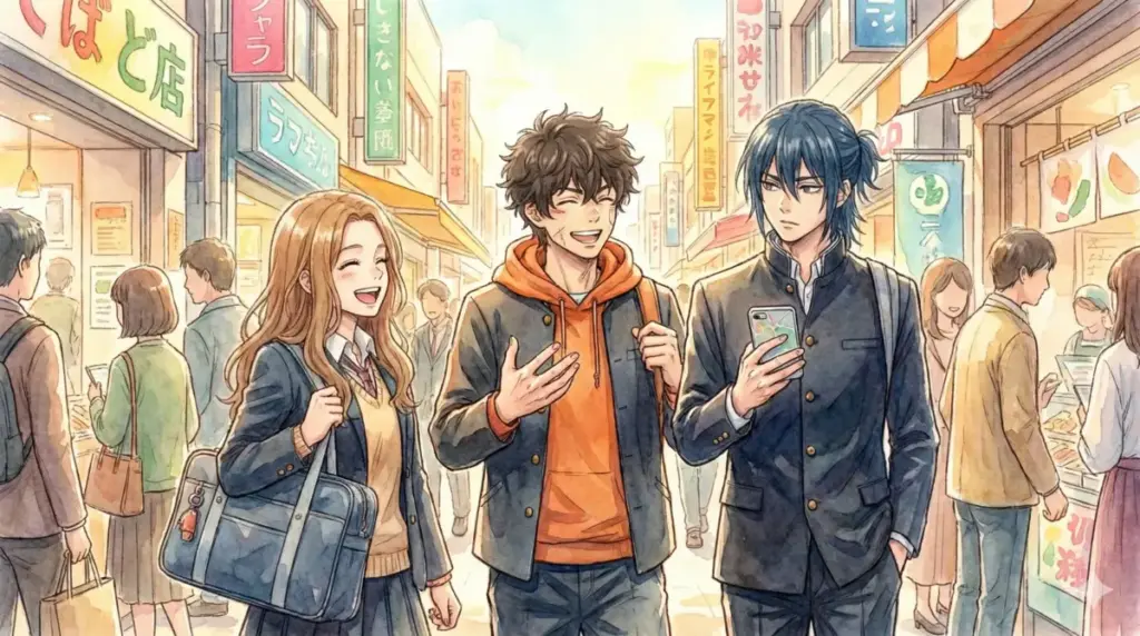 下校中に仲良く歩く虎杖悠仁と伏黒恵・釘崎野薔薇の3人による1年ズの幸せな日常風景