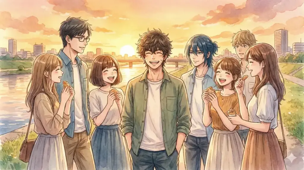 夕暮れの河川敷で大勢の仲間たちに囲まれて笑顔を見せる虎杖悠仁の感動的な最終回結末