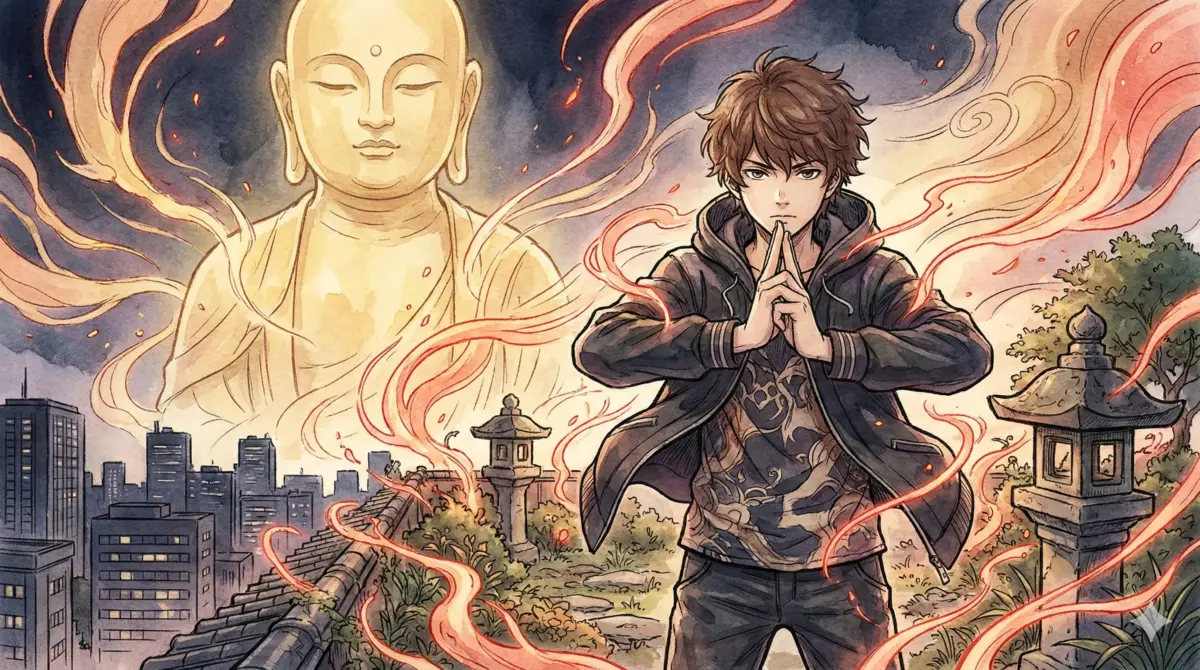 地蔵菩薩を背に地蔵菩薩印を結ぶ虎杖悠仁と背後の街並みを描いた呪術廻戦領域展開解説のアイキャッチ