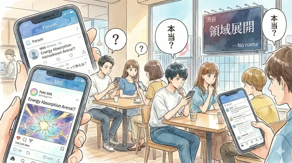 カフェでSNSのフェイク情報「エネルギー吸収アリーナ」に困惑する人々と領域展開の看板を描いた図
