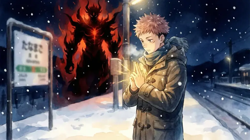 雪降る北上駅のホームで地蔵菩薩印を結ぶ虎杖悠仁と背後に宿儺のシルエットが浮かぶ領域内の対峙シーン