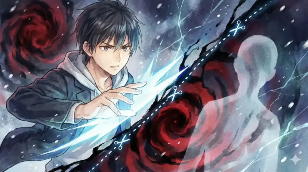 切り取り線の印が浮かぶ「解」を放ち宿儺と伏黒の魂の境界線を切り離す虎杖悠仁の必中効果のイメージ