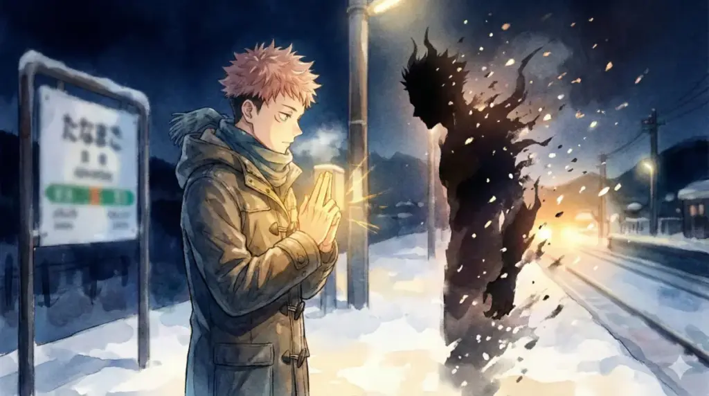 雪の降る駅のホームで地蔵菩薩印を結び静かに宿儺と対話する虎杖悠仁の慈悲深い領域展開のラストシーン