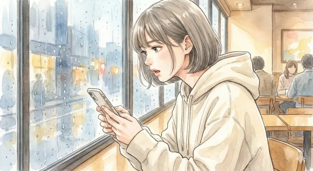 雨のカフェで双子は同一人物と見なされる呪術界の残酷なルールをスマホで読む驚きの表情の女性