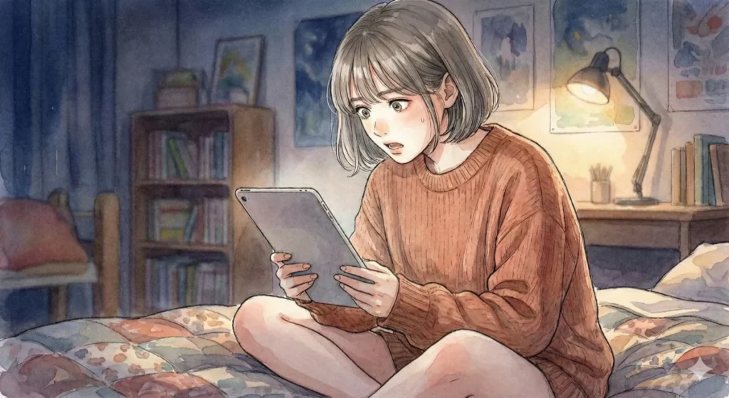 夜の自室で真希が禪院家を徹底的に掃除し壊滅させる「ざまぁ」展開をタブレットで真剣に追う女性