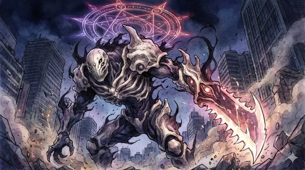 ビル群を背に八握剣異戒神将魔虚羅が破壊的な力で街を蹂躙する十種影法術最強の式神の勇姿