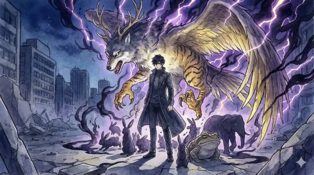 玉犬や鵺など十種影法術の式神たちを従え戦場に立つ伏黒恵と日本神話の十種神宝イメージ