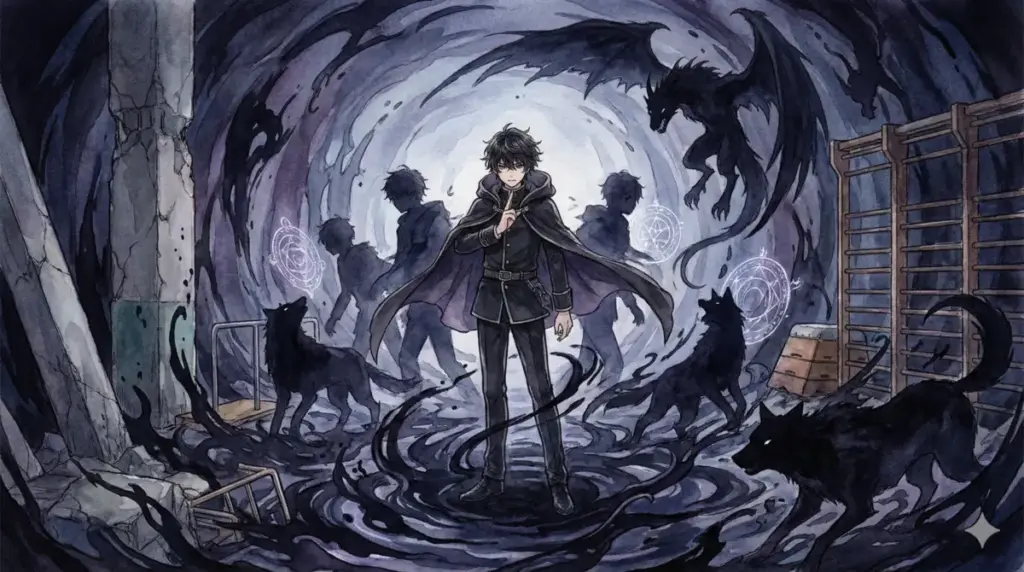 領域展開「嵌合暗翳庭」の底なしの影の沼から複数の分身と式神を即時召喚し戦う伏黒恵