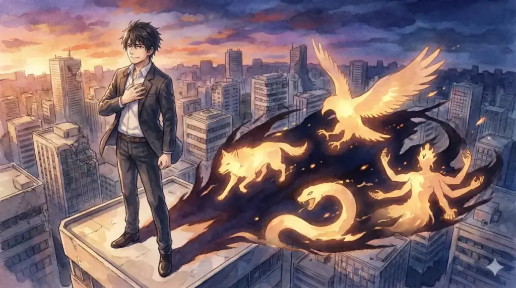 戦い終えた街で散っていった式神たちの力を継承し影の支配者として覚醒を予感させる伏黒恵