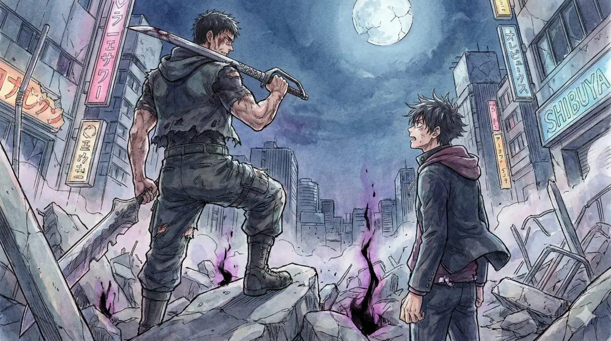 渋谷事変で再会した父・伏黒甚爾と息子・恵の因縁と血の宿命を象徴的に描くアイキャッチ