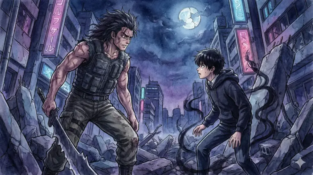 渋谷事変にて殺戮人形と化した甚爾が十種影法術を使う息子・恵を認識し対峙する緊迫シーン