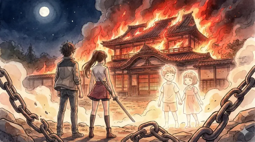 禪院家壊滅により自由を得た恵と過去の自分たちを重ねるような子供たちの影と炎上の情景