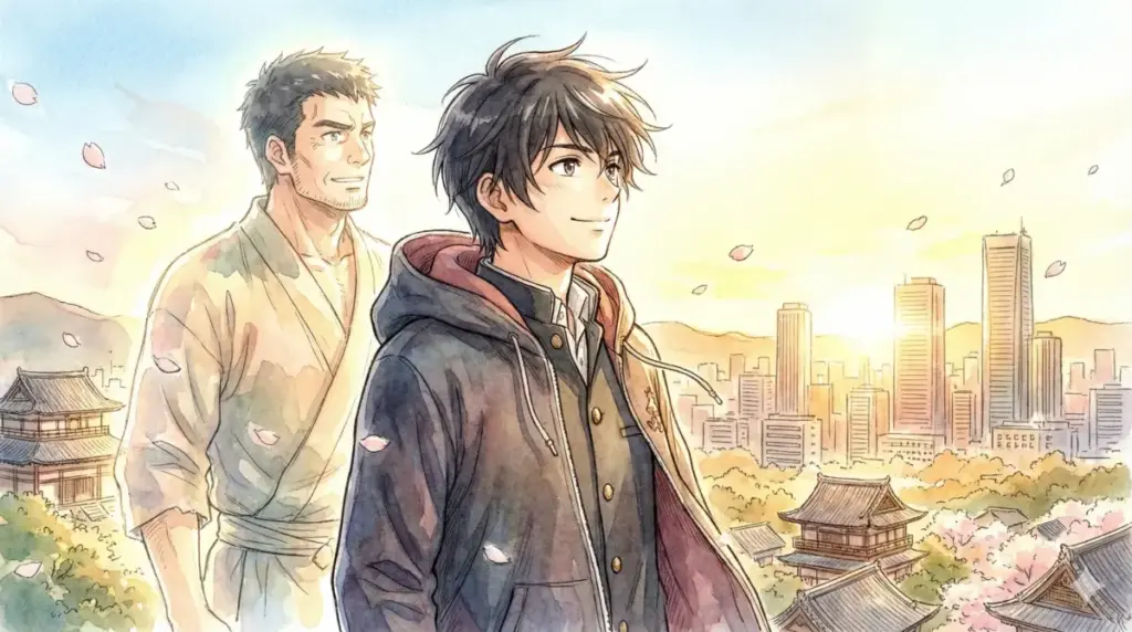 父・甚爾の死と五条の導きを経て血の呪いを断ち切り光の中を歩む呪術師・伏黒恵の背中