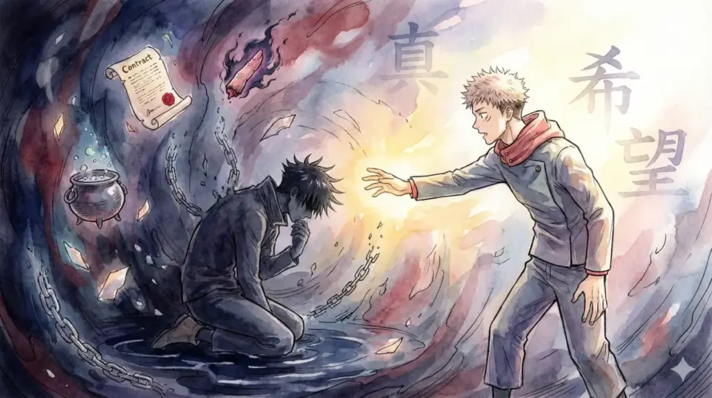 姉の死で魂が折れた伏黒に絶望の淵から虎杖悠仁が必死に手を伸ばす救済と希望のイメージ図