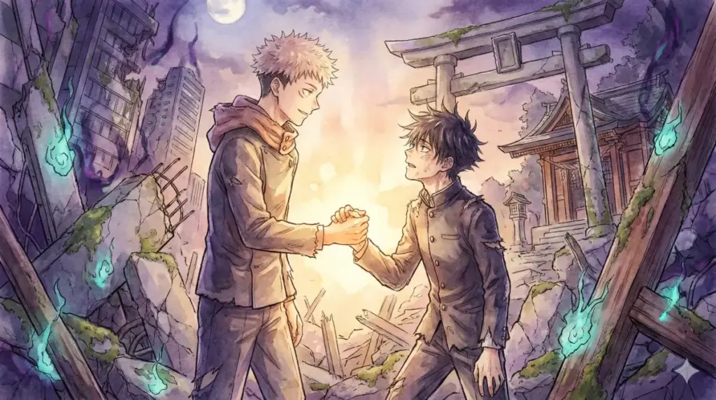 地獄の底から生還し虎杖悠仁と再び並び立つ伏黒恵の友情と再起を描く呪術廻戦まとめイラスト