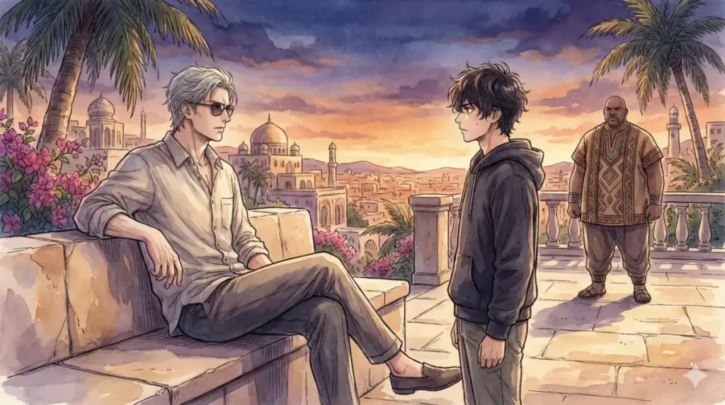 海外で五条悟と密会し後輩たちの未来を託された乙骨憂太とミゲルの様子を描く回想シーン