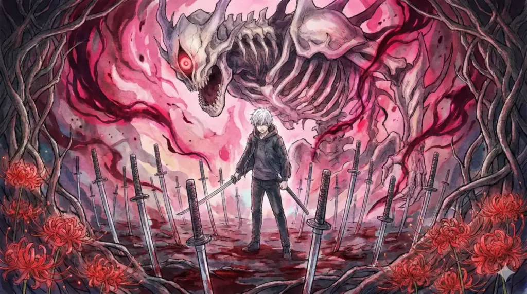 婚約指輪で接続し5分間の完全顕現で模倣術式を解禁する乙骨憂太と禍々しい姿のリカちゃん