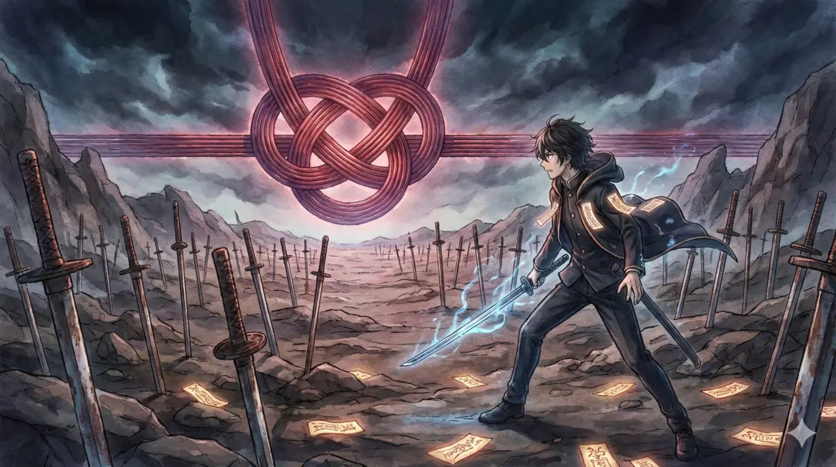 荒野に無数の日本刀が刺さり巨大な水引が空を覆う乙骨憂太の領域展開「真贋相愛」の光景