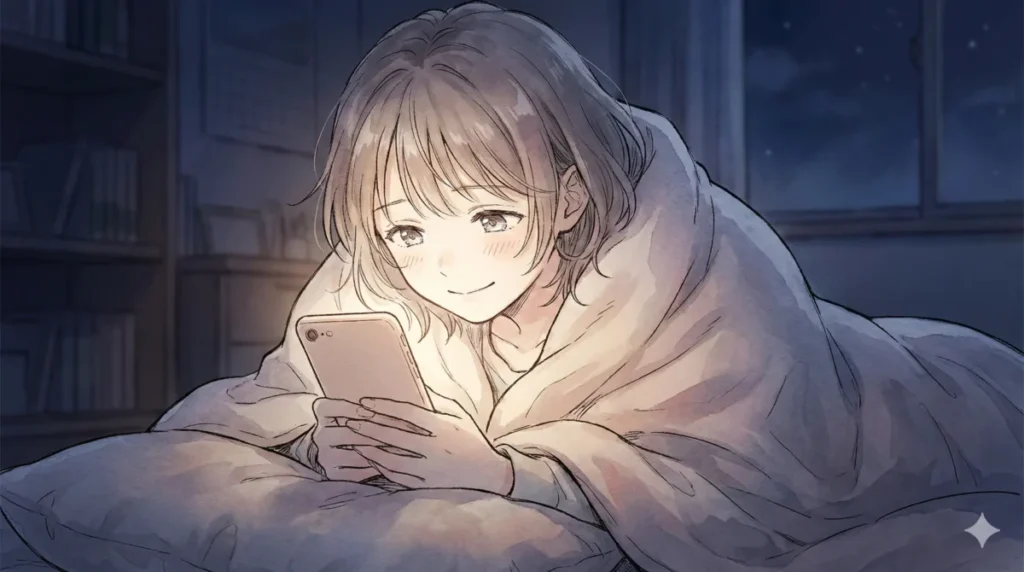 ABEMAの最速配信やリアルタイムのコメント機能でネタバレを回避する情報をスマホで読む女の子