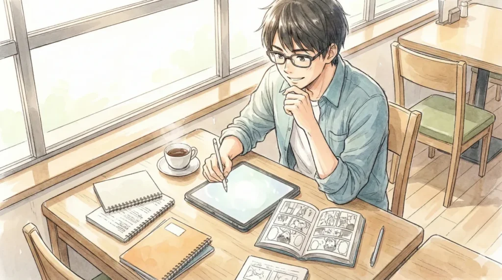 U-NEXTやDMM TVなど死滅回遊を攻略するための最適な配信サービスをタブレットで調べる女の子