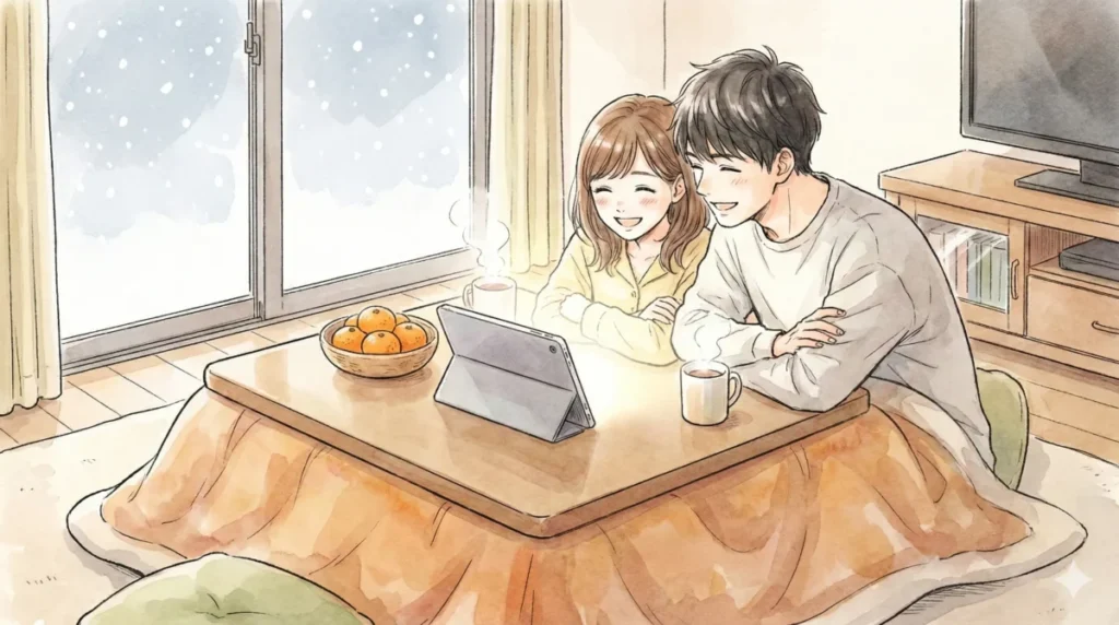 過去作の一挙無料キャンペーンやVODの無料トライアルでの復習方法をタブレットで喜ぶ女の子