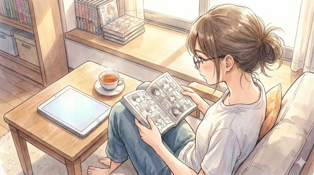 アニメ3期の開始地点が原作16巻であることや漫画での補完の重要性をタブレットで読む女の子