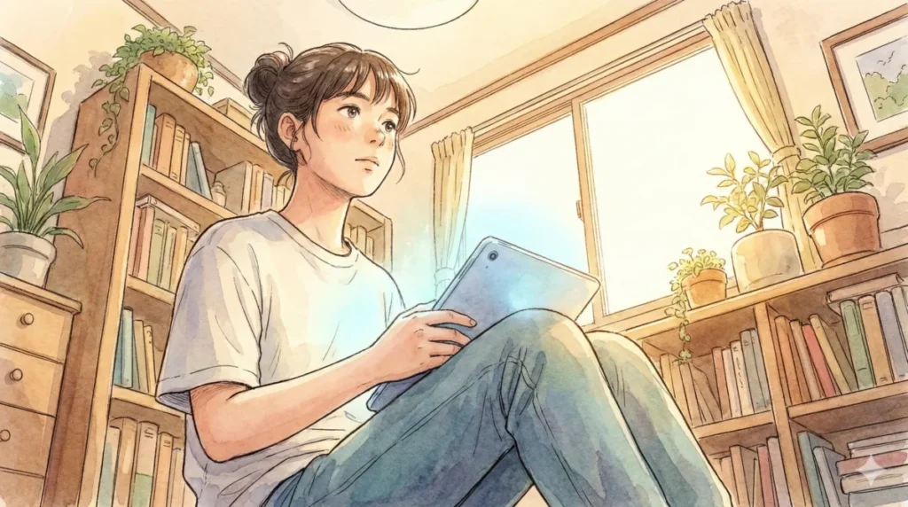 Netflixでの配信予定や五条悟の不在に関するFAQ記事をタブレットでじっくり閲覧する女の子