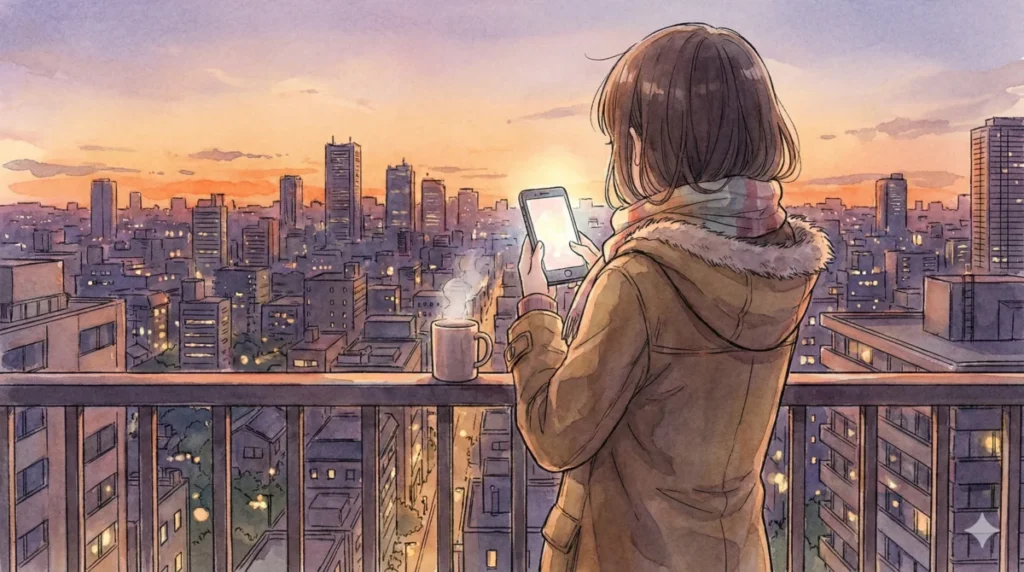 初回1時間SPや各サービスの活用法をまとめた最終チェック項目をスマホで確認する女の子