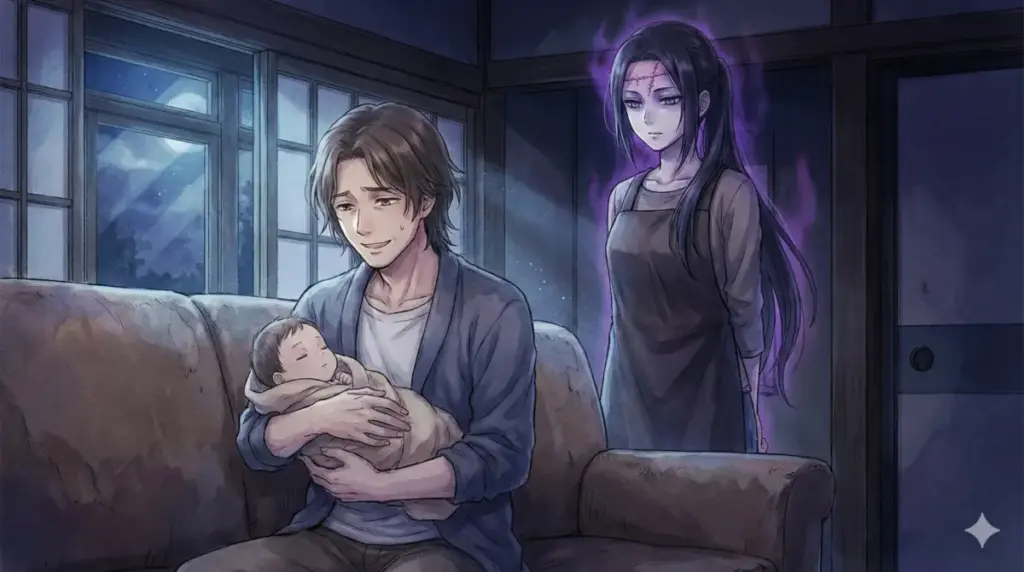 赤ん坊の悠仁を抱く父・仁の背後に現れた額に縫い目を持つ母親・虎杖香織の正体と羂索の狂気